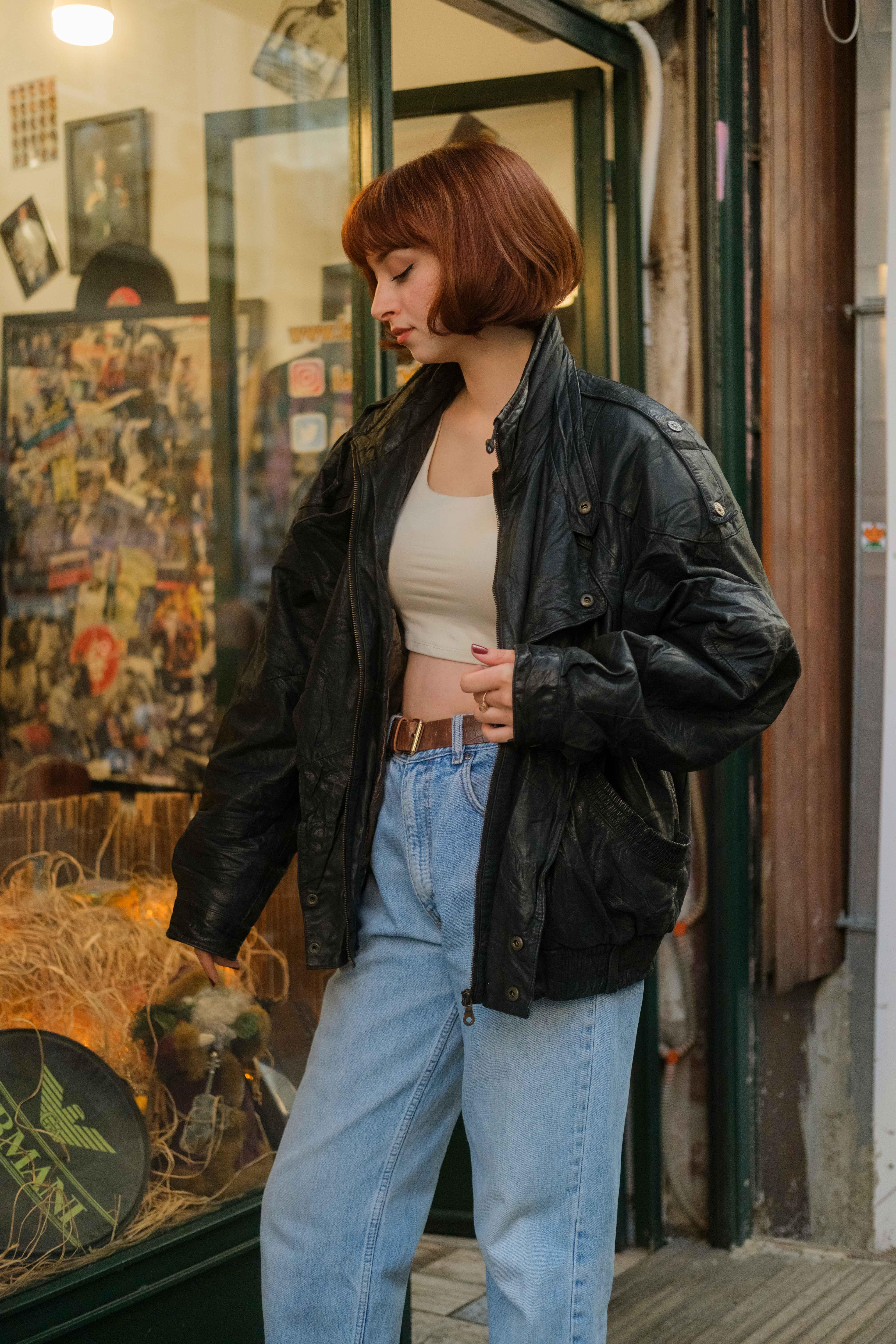 Vintage Black Bomber Deri Ceket