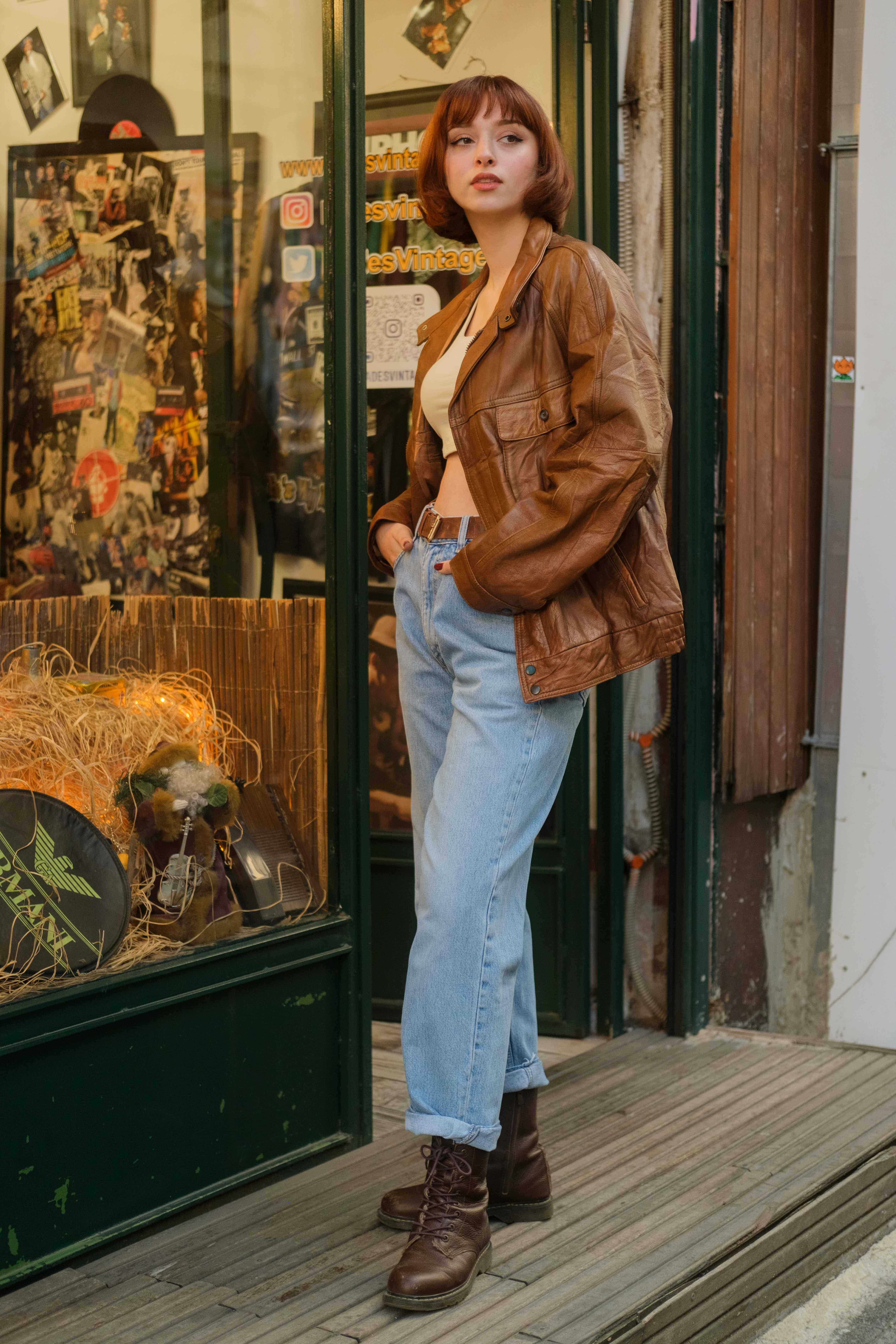Vintage Camel Bomber Unisex Deri Ceket