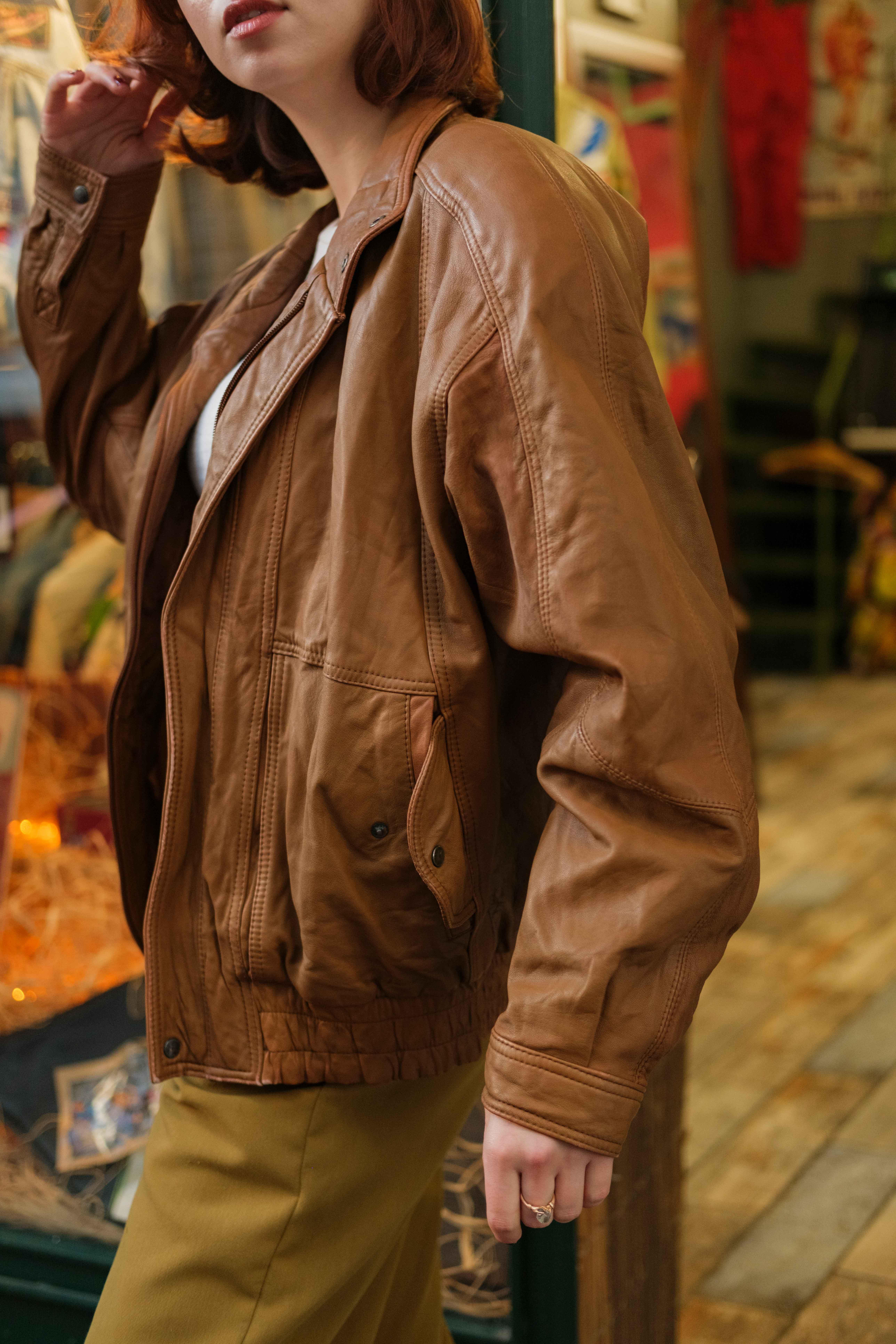 Vintage Camel Renk Bomber Unisex Deri Ceket