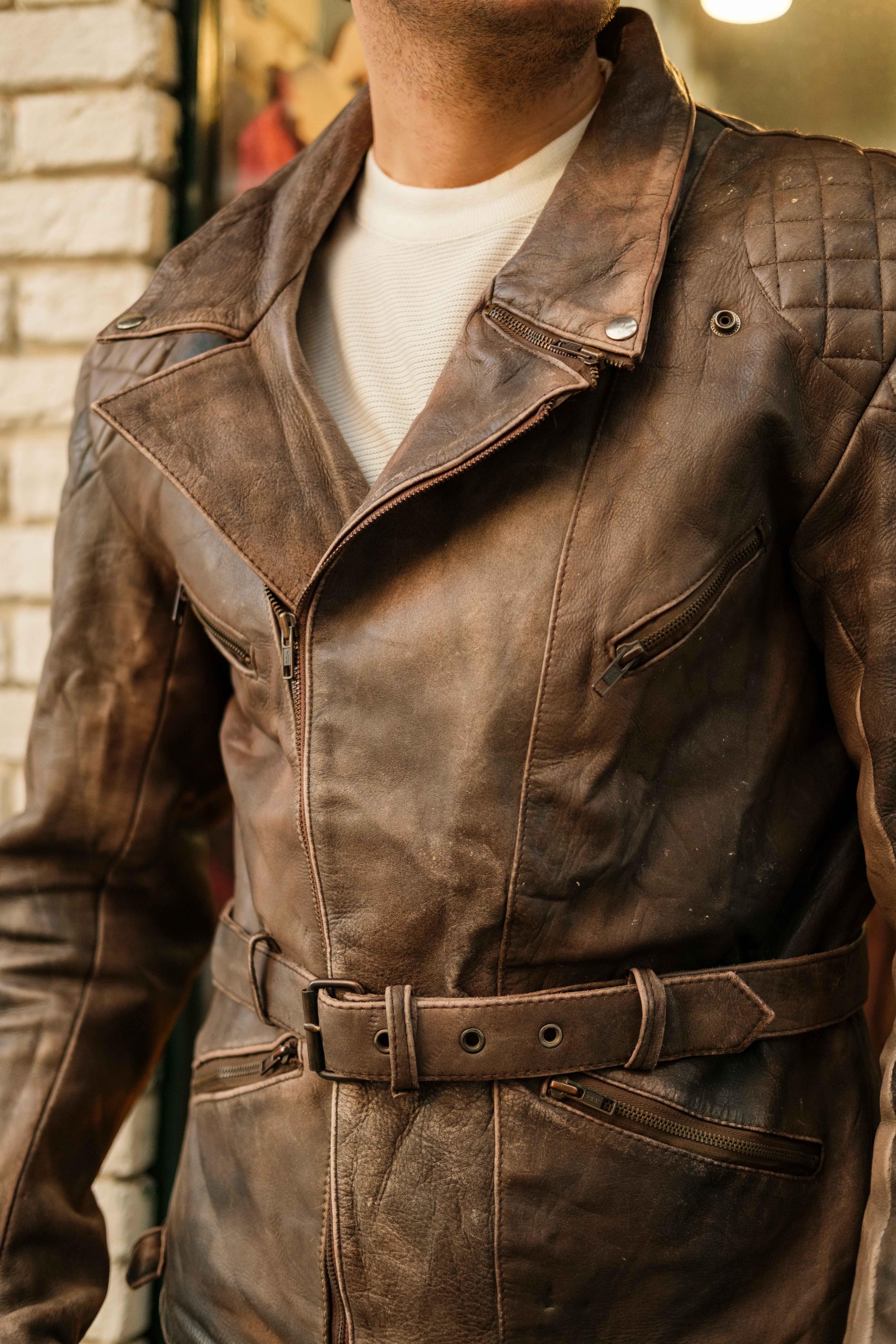 Vintage Eskitme Biker Deri Ceket