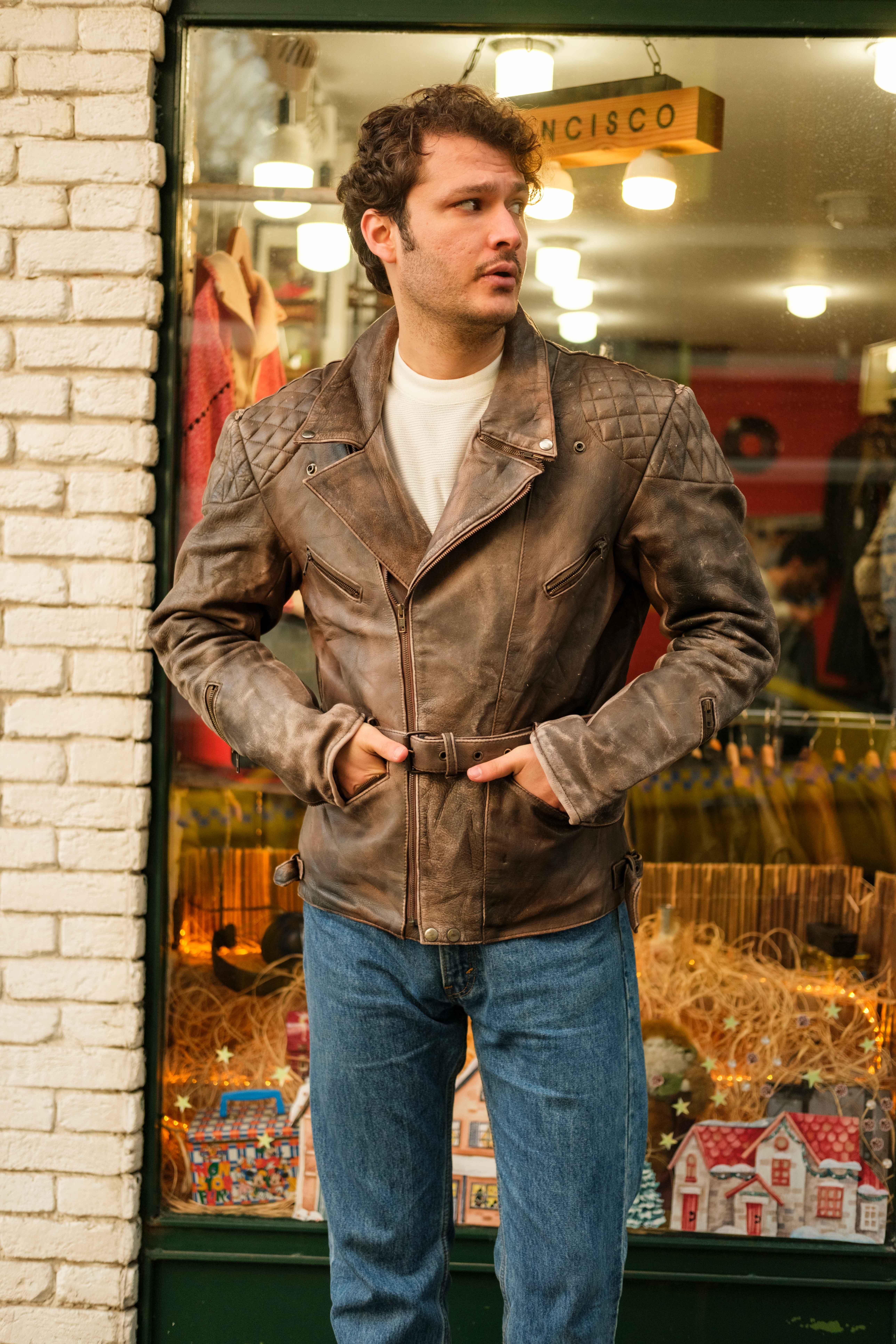 Vintage Eskitme Biker Deri Ceket