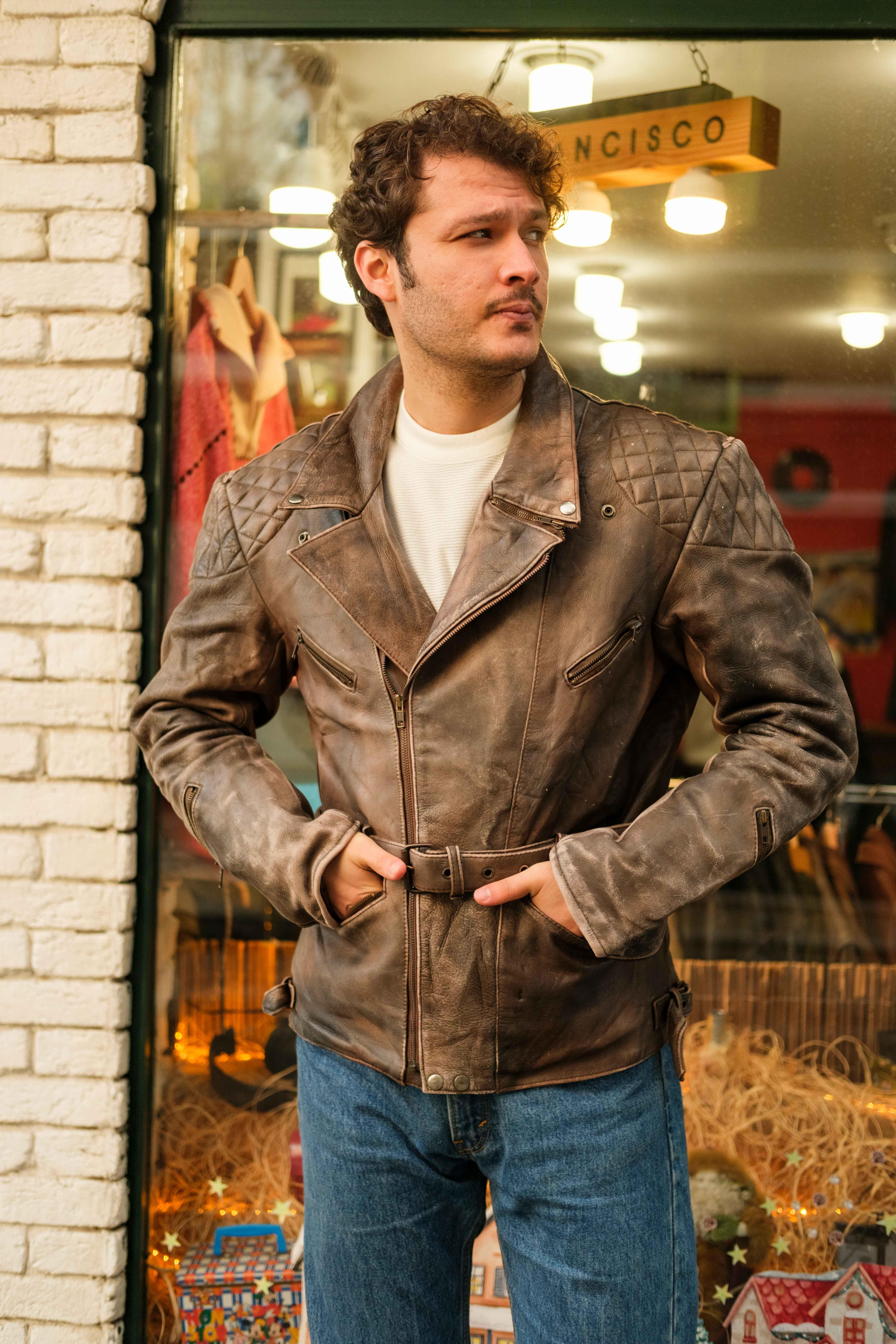 Vintage Eskitme Biker Deri Ceket