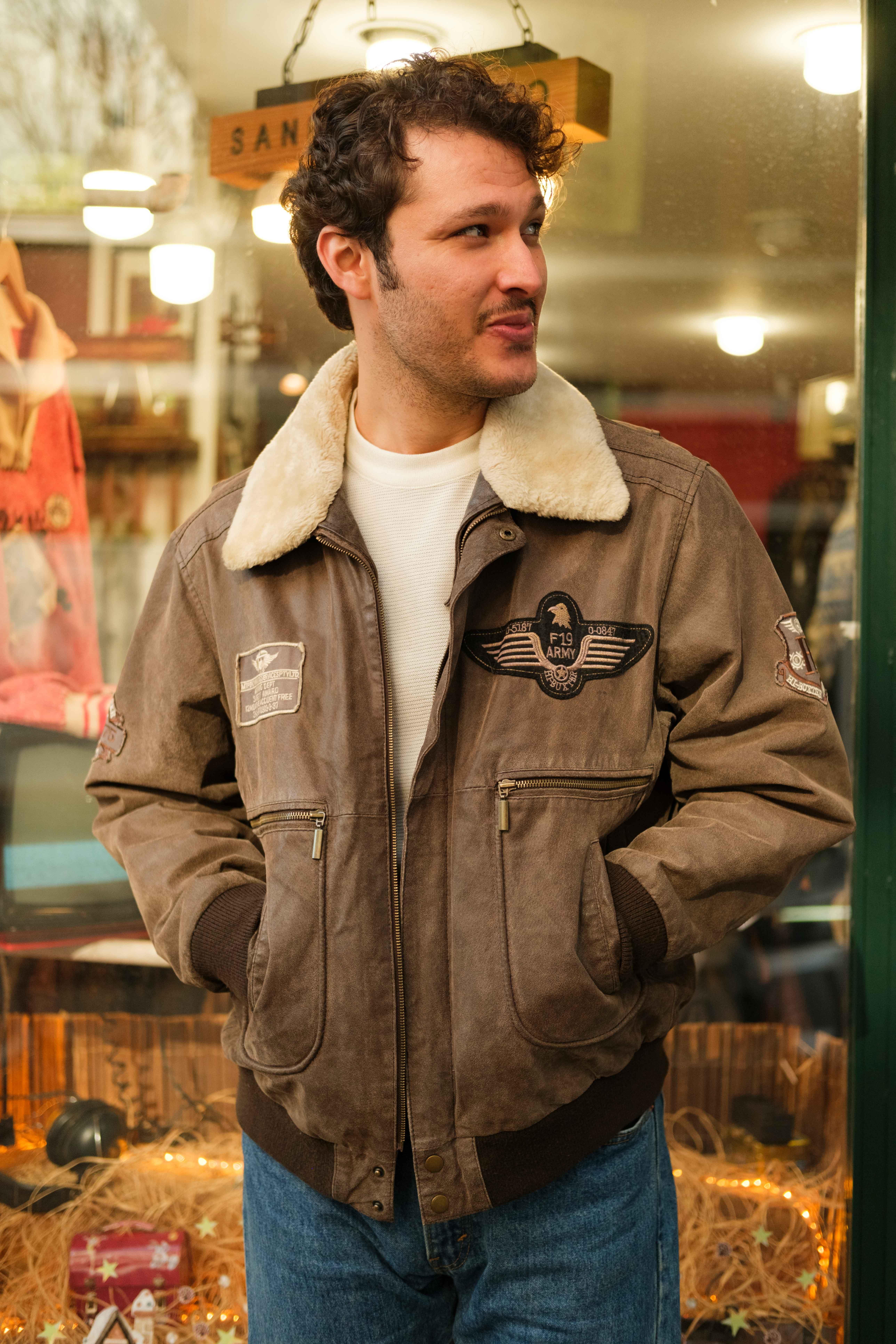 Vintage F19 ARMY Pilot Unisex Bomber Deri Ceket