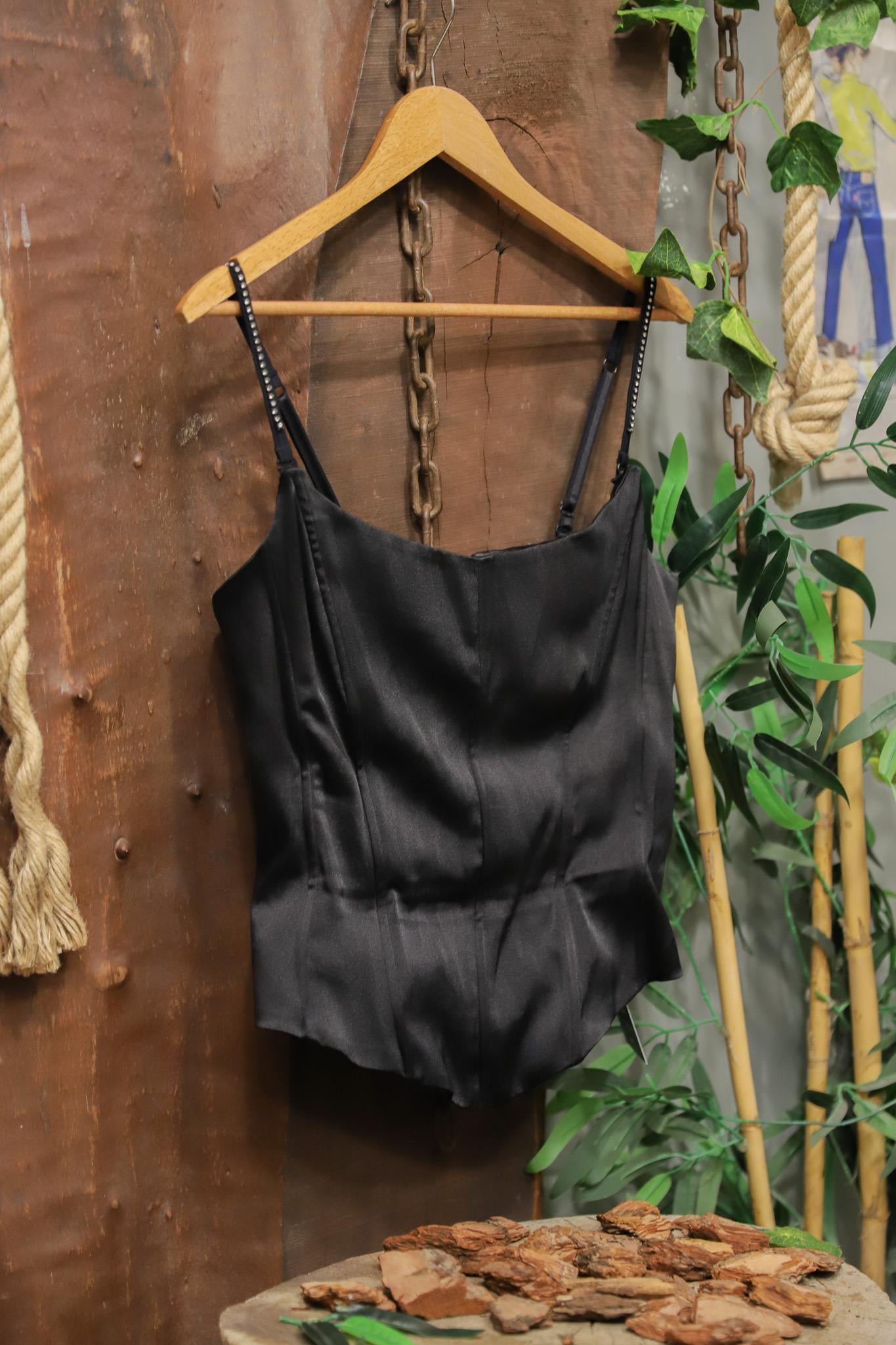 Y2K Black Satin Bağcıklı Büstiyer