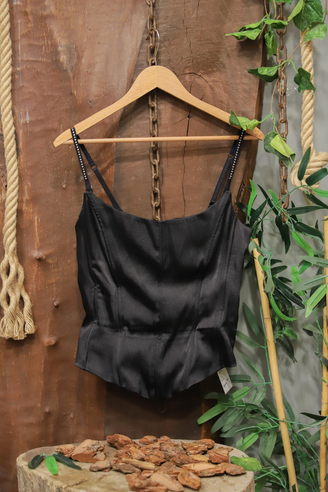 Y2K Black Satin Bağcıklı Büstiyer