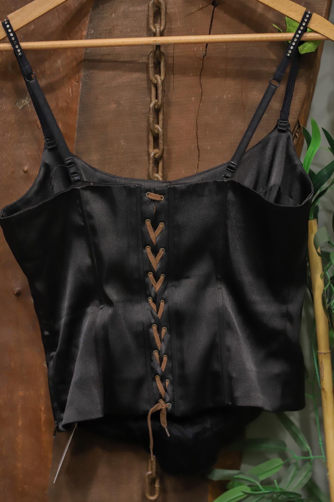 Y2K Black Satin Bağcıklı Büstiyer