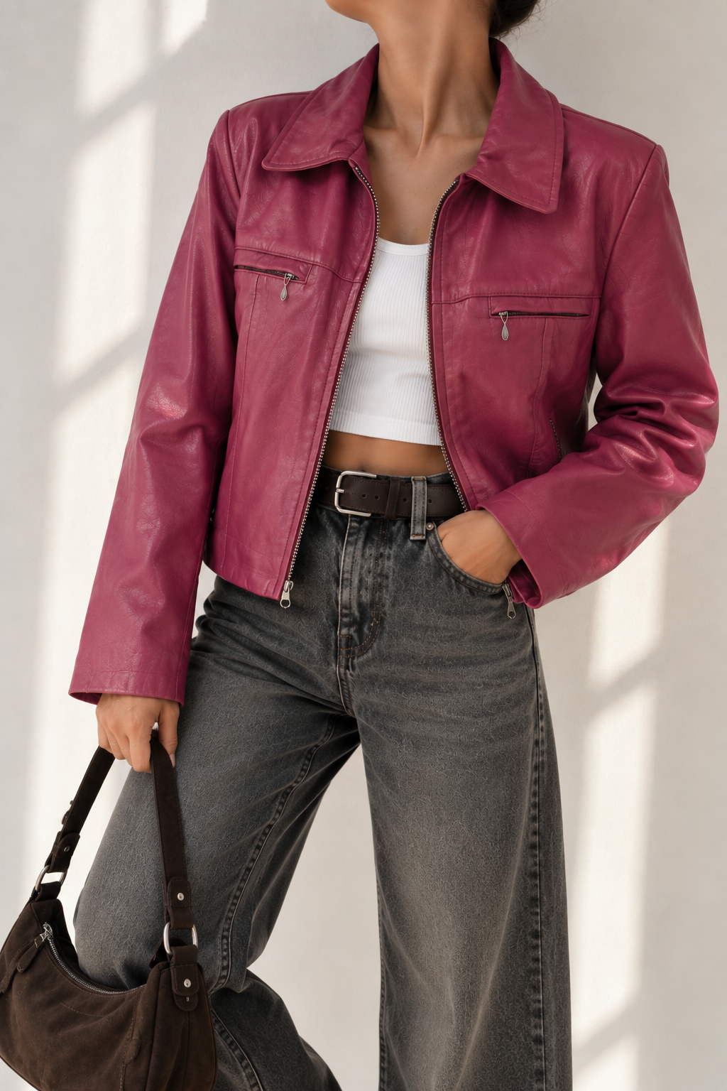 Y2K Fuşya/Pembe Biker Deri Ceket