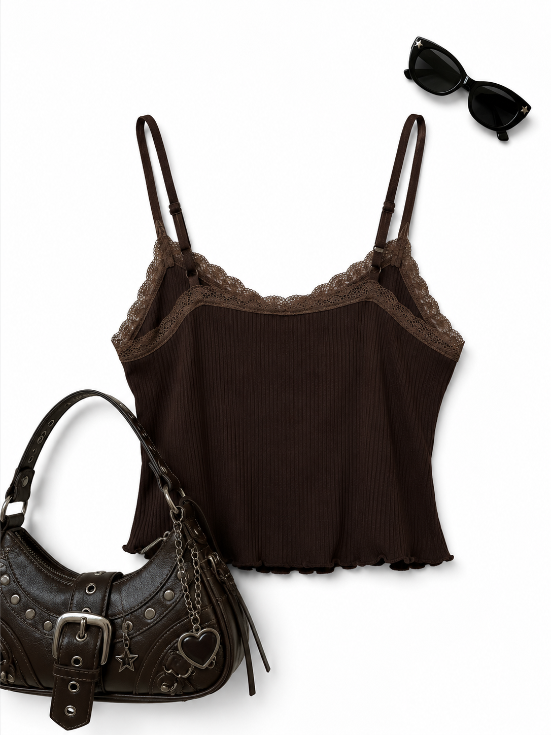 Y2K Kahve Fitilli Dantelli Crop Bluz