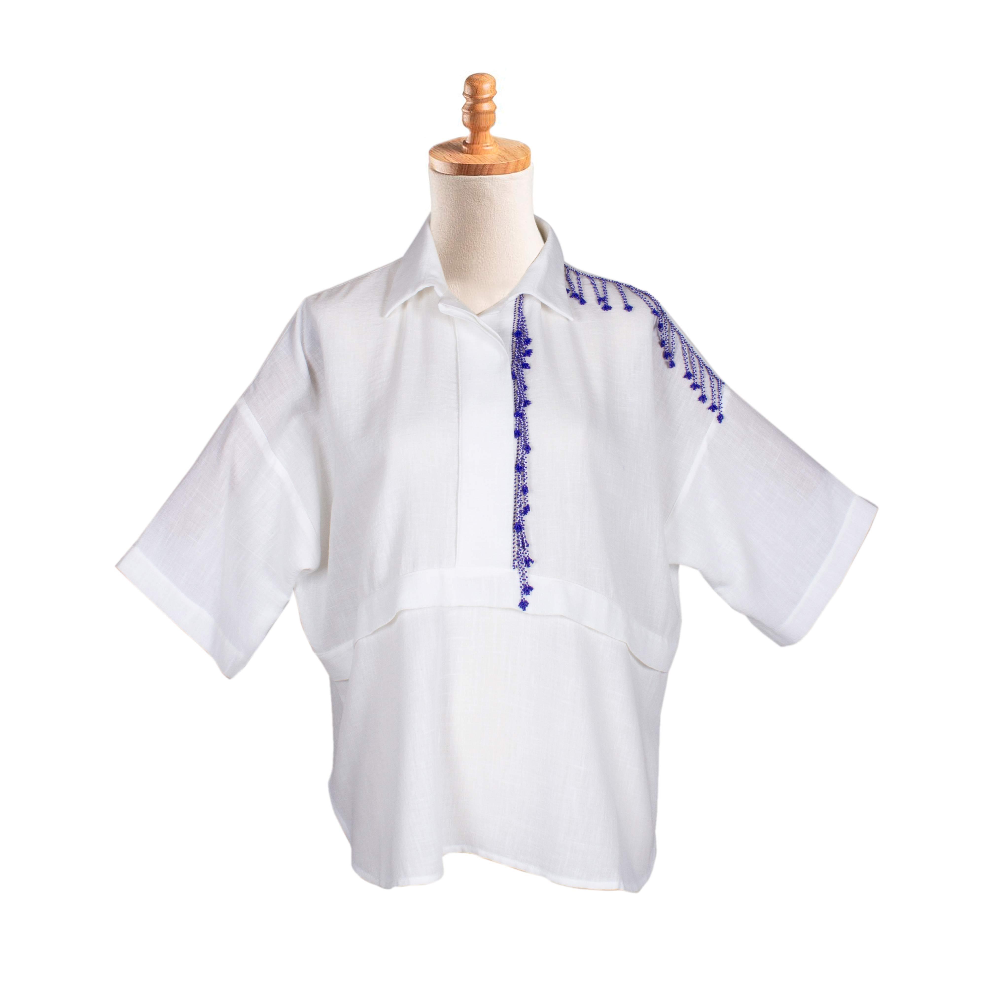 MAVİ BONCUK OYALI KOTON GÖMLEK