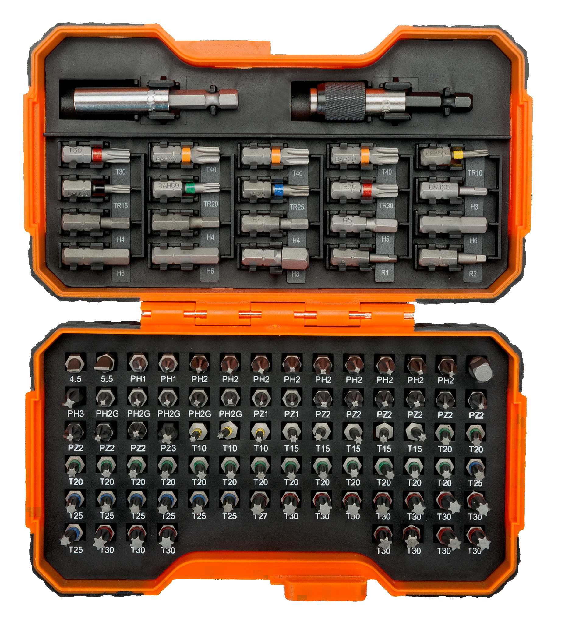 BAHCO Düz, Phillips, Pozidriv, Altıgen, Robertson ve farklı TORX®,TORX® Tamper başlı vidalar için 100 Parça Bit Seti  59/S100BC