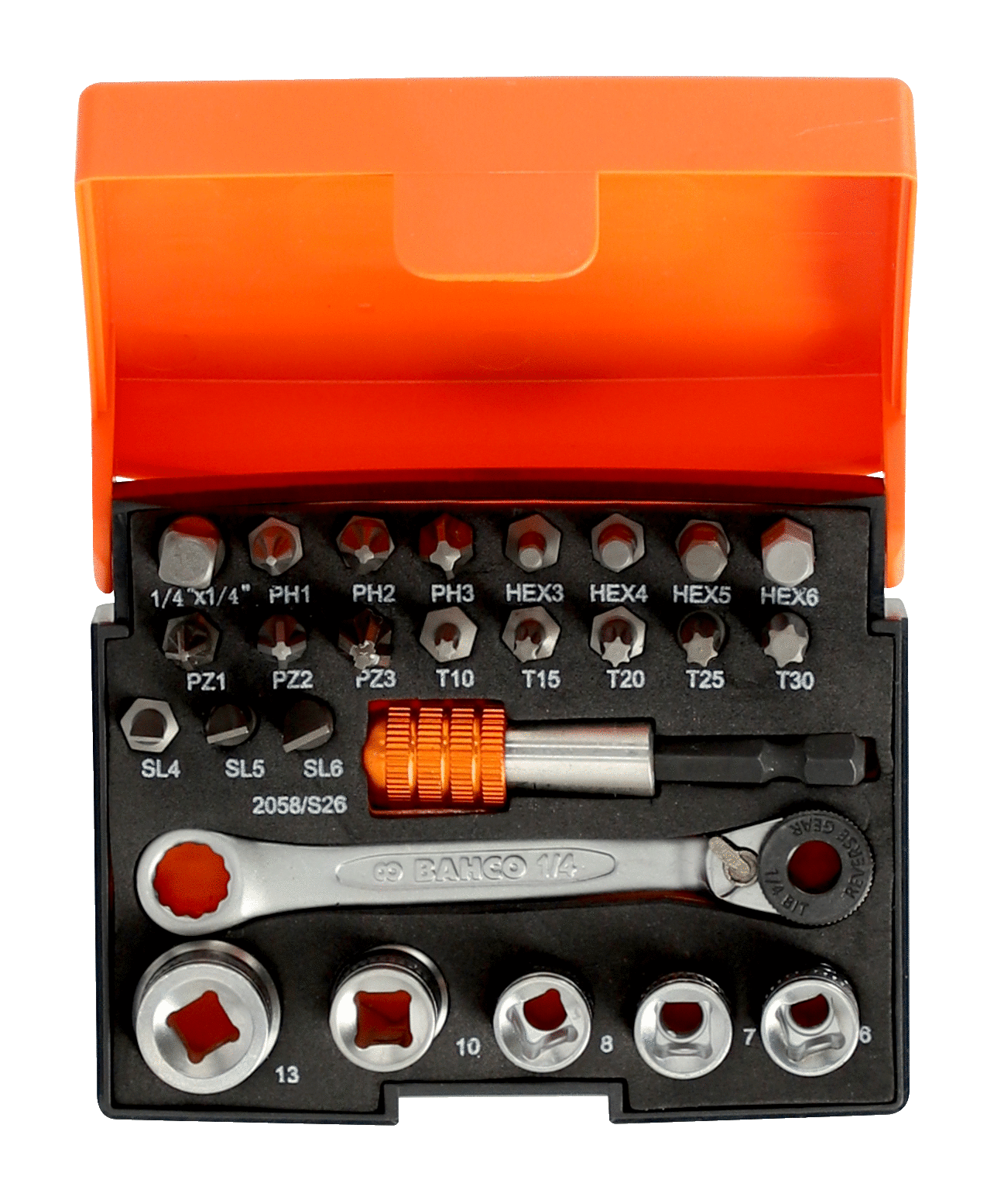 BAHCO Standart Tornavida Bit Seti ve Lokma, 1/4” Lokma ve Cırcır - 26 adet  2058/S26