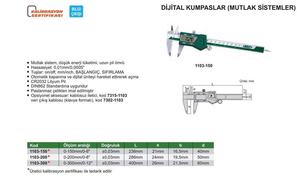 Insize 1103-150 Dijital Kumpas 0-150mm Absolute