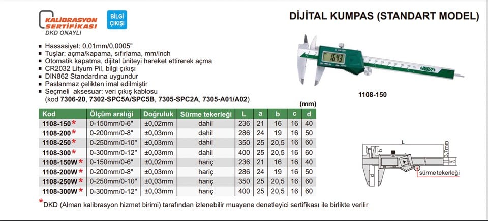 Insize 1108-200 Dijital Kumpas (Standart Model)