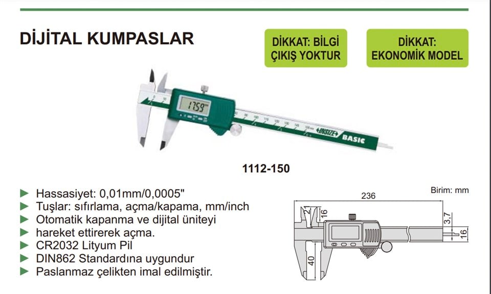 Insize 1112-150 Dijital Kumpas (Ekonomik Model)
