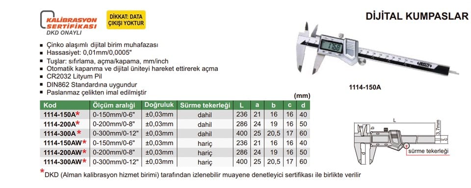 Insize 1114-150A Dijital Kumpas (Sert Çinko Kasa)
