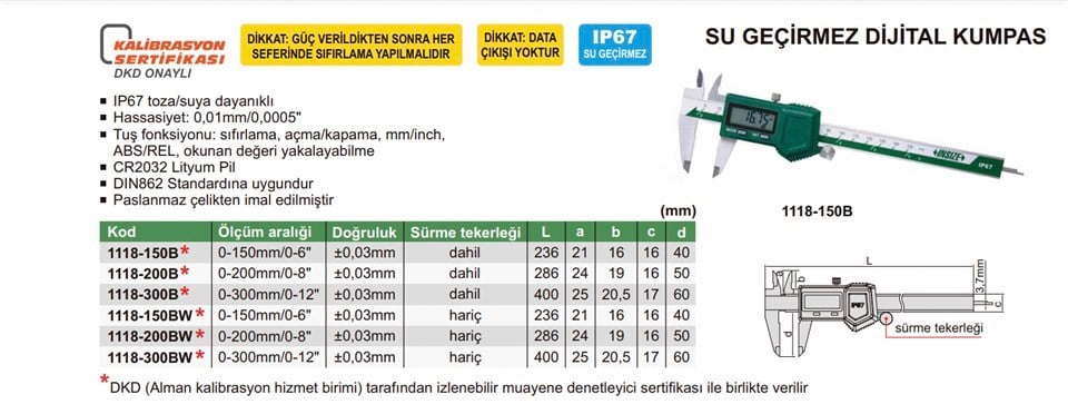 Insize 1118-200 Su Geçirmez Dijital Kumpas