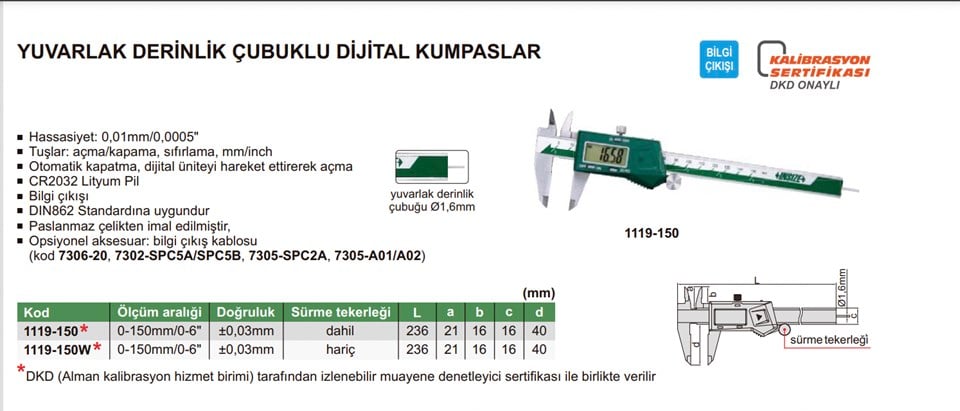 Insize 1119-150 Yuvarlak Derinlik Çubuklu Dijital Kumpas