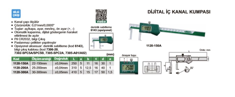 Insize 1120-150A Dijital İç Kanal Kumpası