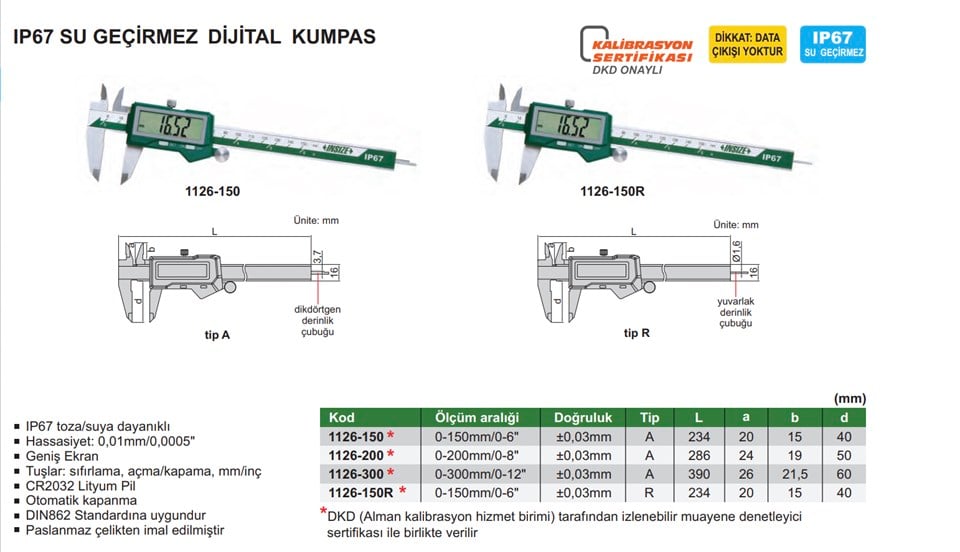 İnsize 1126-150 150 mm IP67 Su Geçirmez Dijital Kumpas