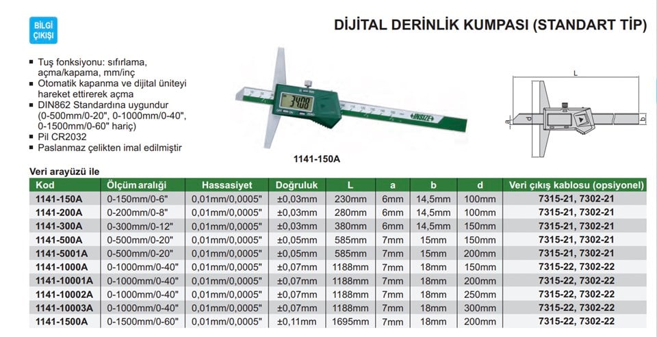 Insize 1141-150A Dijital Derinlik Kumpası (Standart Model)
