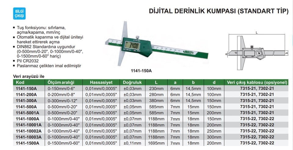Insize 1141-150A Dijital Derinlik Kumpası (Standart Model)