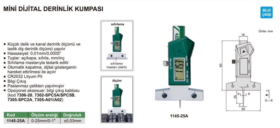 Insize 1145-25A Mini Dijital Derinlik Kumpası