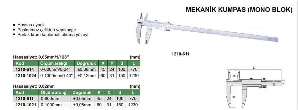 Insize 1210-611 Mekanik Çift Çeneli Kumpas