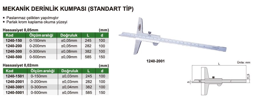 Insize 1240-150 Mekanik Derinlik Kumpası (Standart Model)