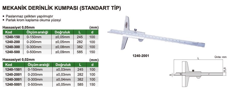 Insize 1240-150 Mekanik Derinlik Kumpası (Standart Model)