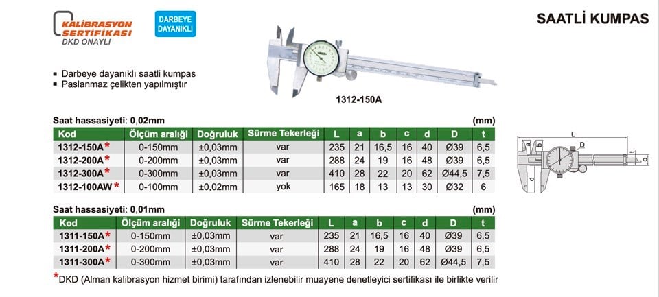 Insize 1312-150A Saatli Kumpas