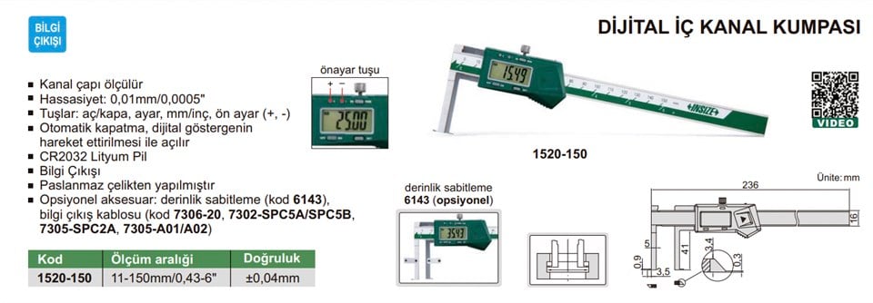 Insize 1520-150 Dijital İç Kanal Kumpası