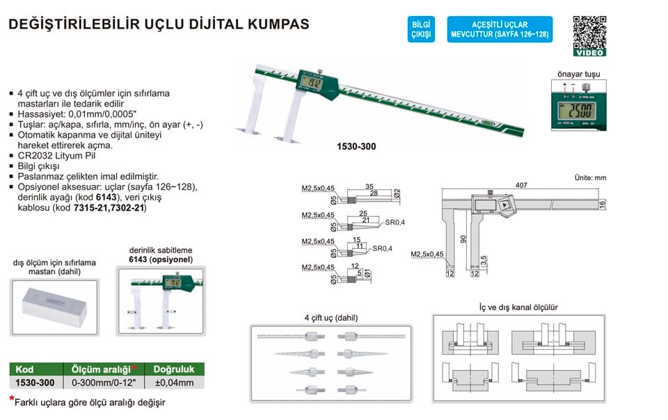 Insize 1530-300 Değiştirilebilir Uçlu Dijital Kumpas