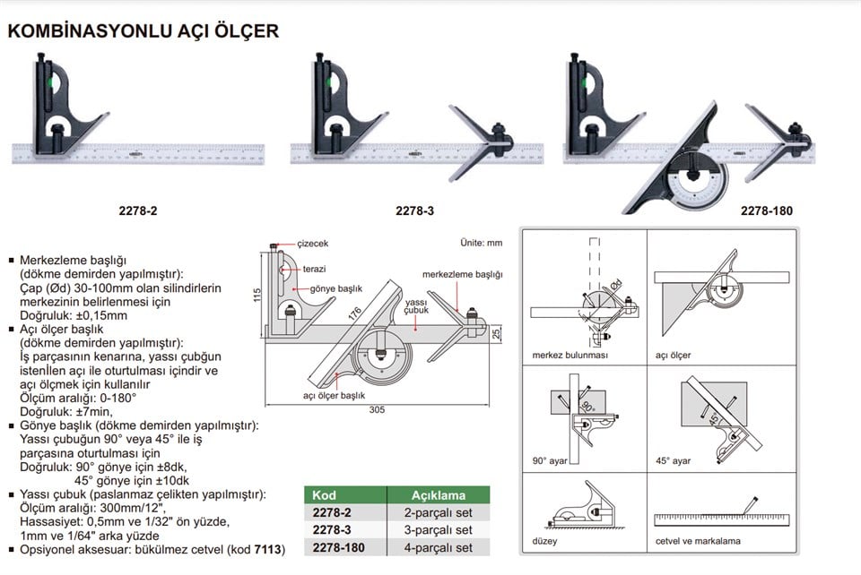 Insize 2278-180 Kombinasyonlu Açı Ölçer