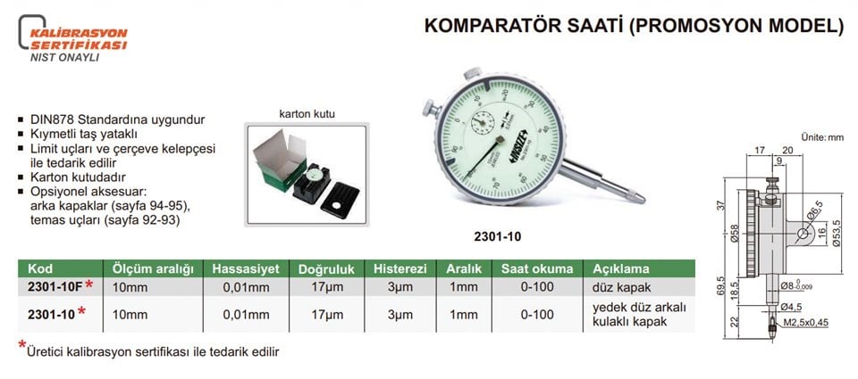 Insize 2301-10F Komparatör Saati Düz Kapaklı (Promosyon Model )