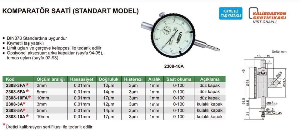 Insize 2308-10A Komparatör Saati Kulaklı Kapaklı  (Standart Model)