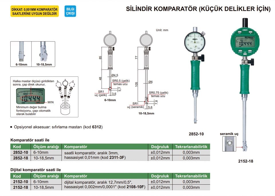 Insize 2852-10 Silindir Komparatörü (Küçük Delikler İçin)