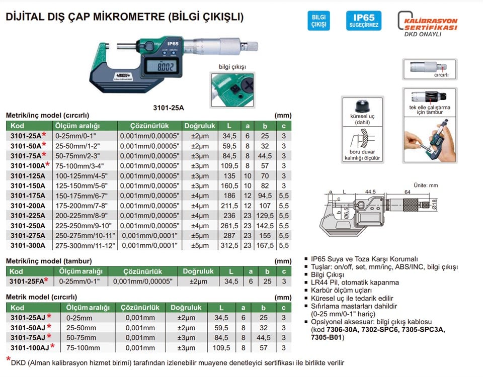 Insize 3101-25A Dijital Dış Çap Mikrometre (Bilgi Çıkışlı)