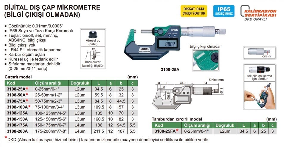 Insize 3108-25A Dijital Dış Çap Mikrometre (Bilgi Çıkışı Olmadan)