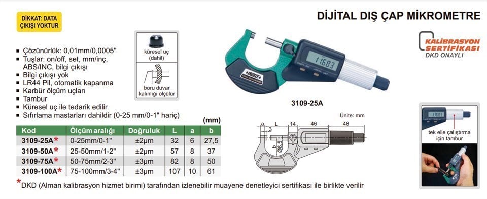 Insize 3109-50A Dijital Dış Çap Mikrometre 