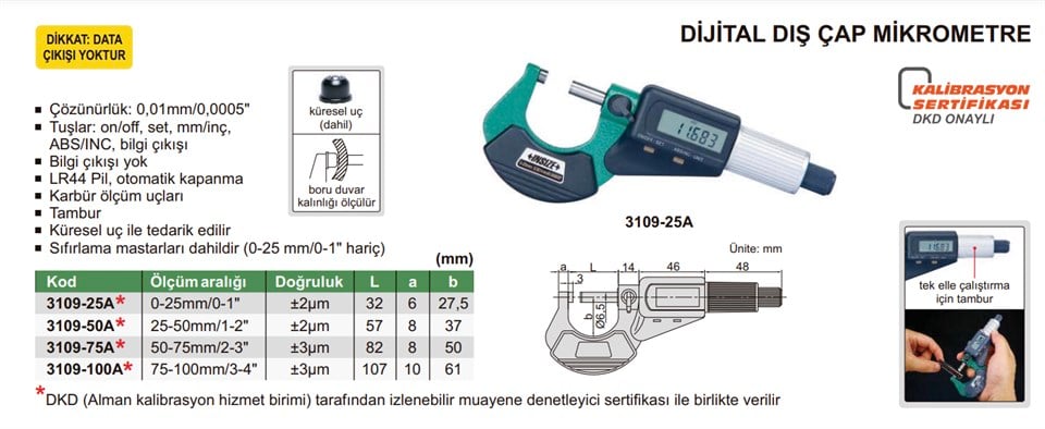 Insize 3109-50A Dijital Dış Çap Mikrometre 