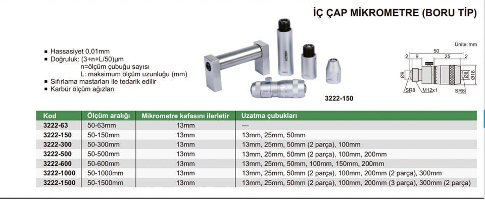 Insize 3222-300 İç Çap Mikrometre (Boru Tip)