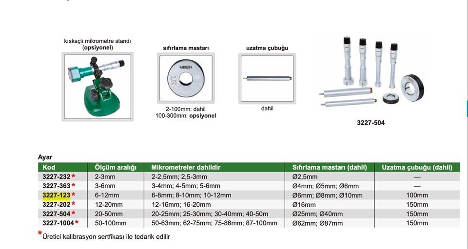 Insize 3227-123 İç Çap Mikrometre Seti (3 Parça)