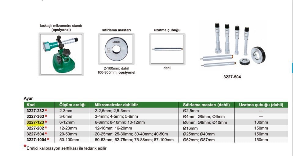 Insize 3227-123 İç Çap Mikrometre Seti (3 Parça)
