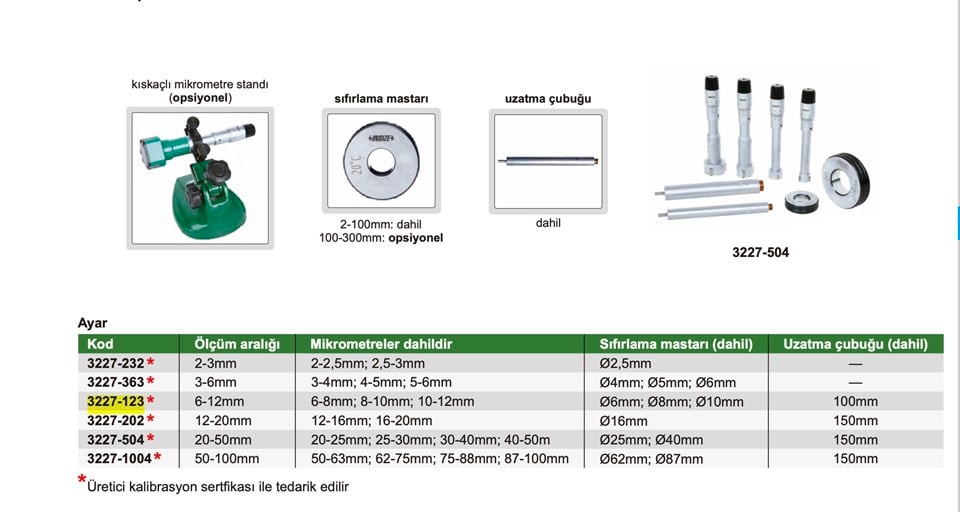 Insize 3227-123 İç Çap Mikrometre Seti (3 Parça)