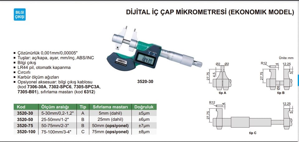 Insize 3520-30 Dijital İç Çap Mikrometresi (Ekonomik Model)