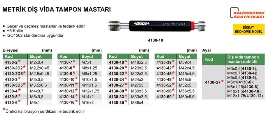 Insize 4130-5 Metrik Diş Vida Tampon Mastarı