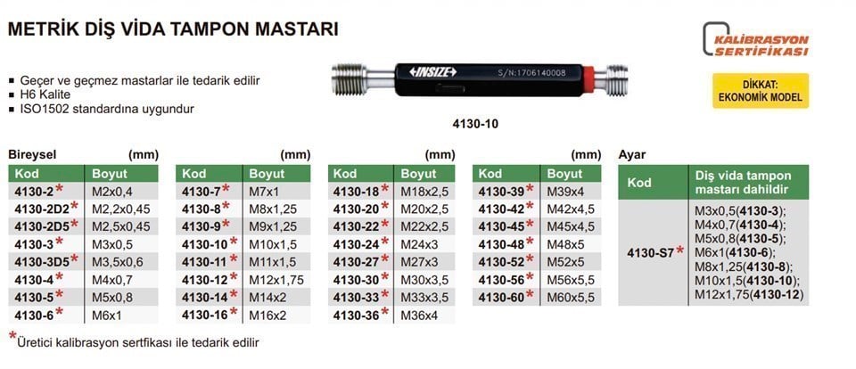 Insize 4130-5 Metrik Diş Vida Tampon Mastarı