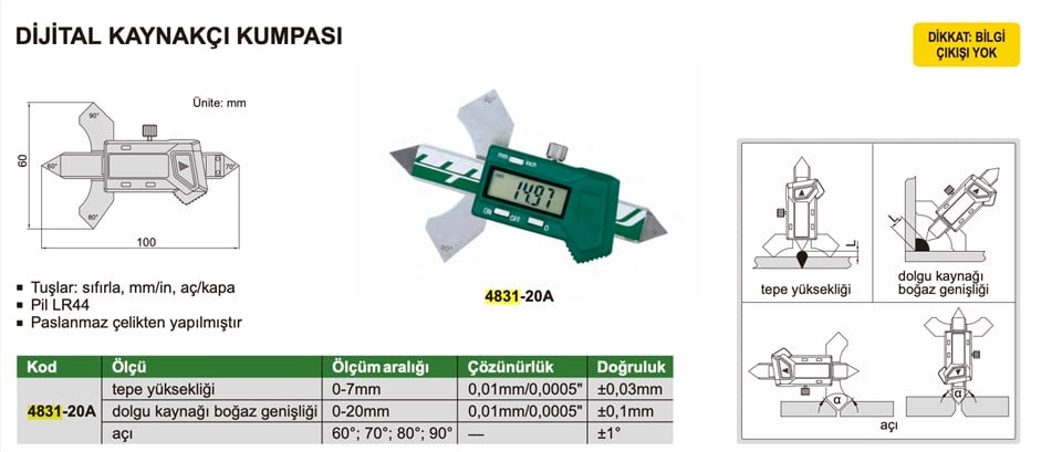 Insize 4831-20A Dijital Kaynakçı Kumpası