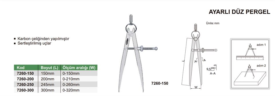Insize 7260-150 Ayarlı Düz Pergel