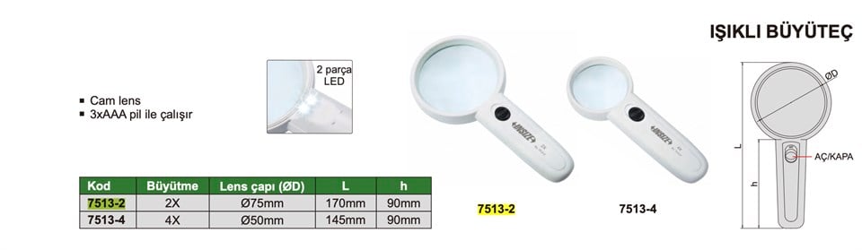 Insize 7513-2 Işıklı Büyüteç